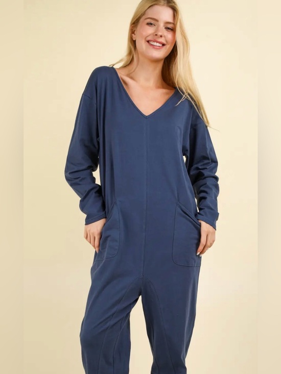 Very J Pants - NP70679X-PLUS Size Solid Knit Baggy Comfy Jumpsuit color blue denim